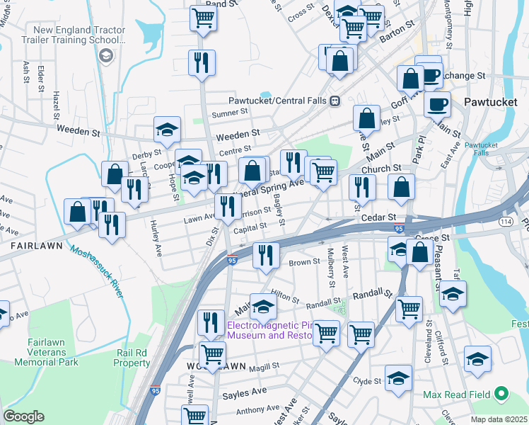 map of restaurants, bars, coffee shops, grocery stores, and more near 114 Slater Street in Pawtucket