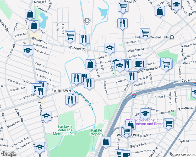 map of restaurants, bars, coffee shops, grocery stores, and more near 459 Mineral Spring Avenue in Pawtucket