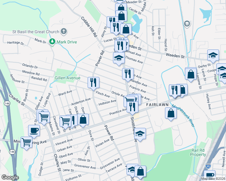 map of restaurants, bars, coffee shops, grocery stores, and more near 138 Oakdale Avenue in Pawtucket