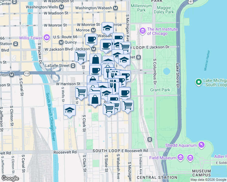 map of restaurants, bars, coffee shops, grocery stores, and more near in Chicago