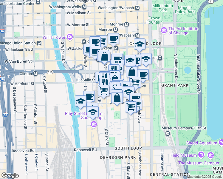 map of restaurants, bars, coffee shops, grocery stores, and more near 600 South Federal Street in Chicago