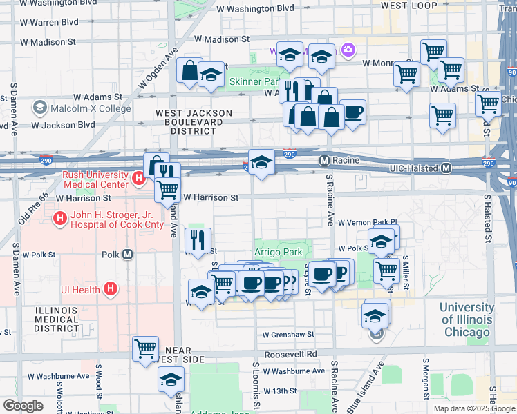 map of restaurants, bars, coffee shops, grocery stores, and more near 601 South Loomis Street in Chicago