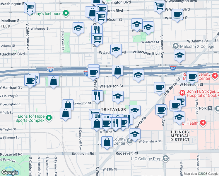 map of restaurants, bars, coffee shops, grocery stores, and more near 2304 West Harrison Street in Chicago