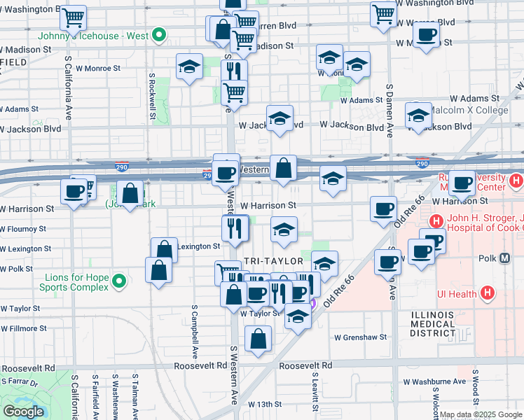 map of restaurants, bars, coffee shops, grocery stores, and more near 2304 West Harrison Street in Chicago