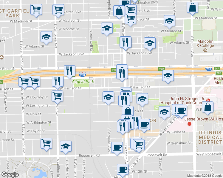 map of restaurants, bars, coffee shops, grocery stores, and more near 2454 West Harrison Street in Chicago