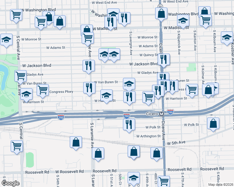 map of restaurants, bars, coffee shops, grocery stores, and more near 5059 West Congress Parkway in Chicago