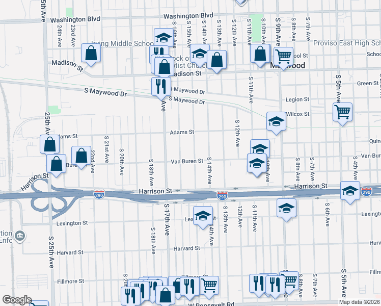 map of restaurants, bars, coffee shops, grocery stores, and more near 1417 South 16th Avenue in Maywood