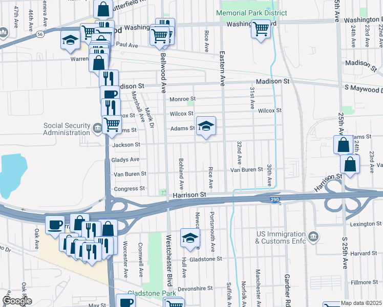 map of restaurants, bars, coffee shops, grocery stores, and more near 1006 Linden Avenue in Bellwood