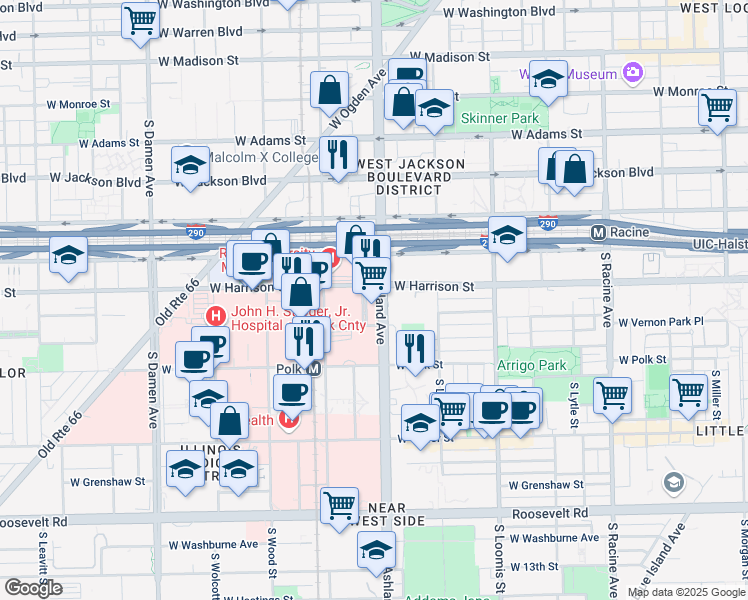 map of restaurants, bars, coffee shops, grocery stores, and more near 1611 West Harrison Street in Chicago
