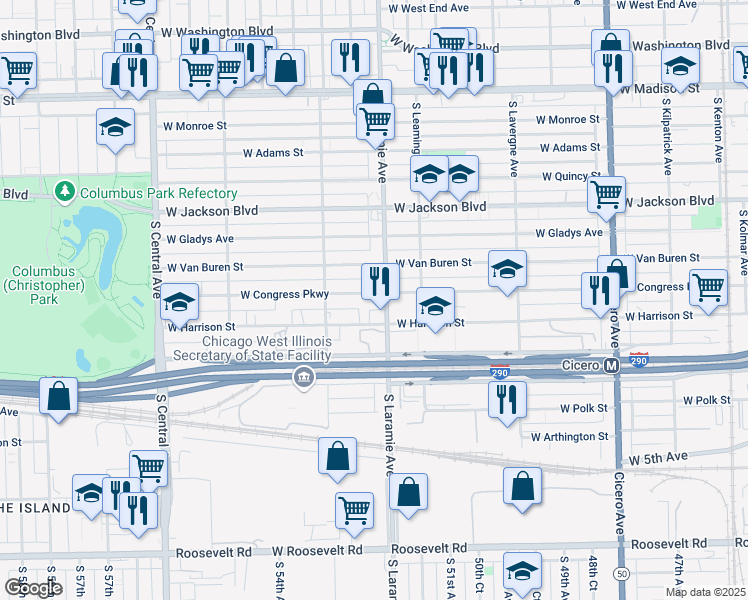 map of restaurants, bars, coffee shops, grocery stores, and more near 5203 West Congress Parkway in Chicago