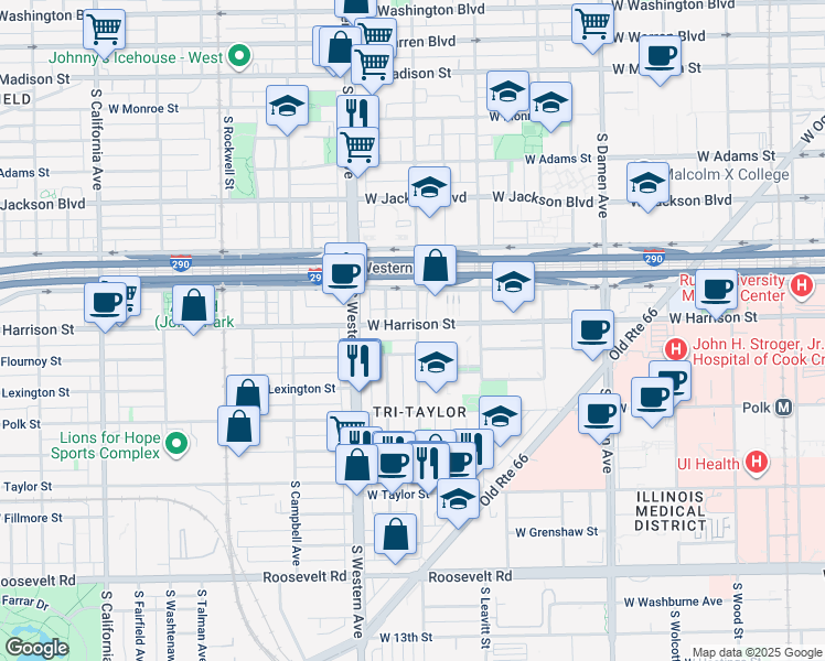 map of restaurants, bars, coffee shops, grocery stores, and more near 2301 West Harrison Street in Chicago