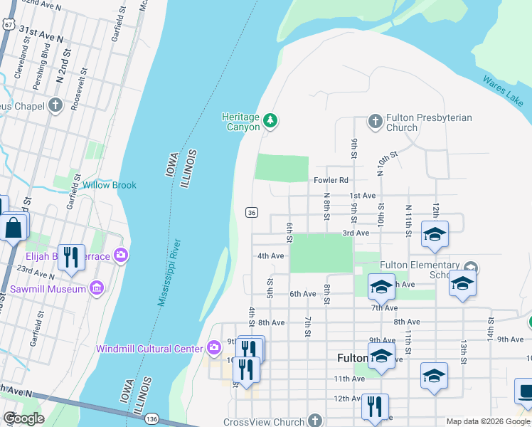 map of restaurants, bars, coffee shops, grocery stores, and more near 124 5th Street in Fulton