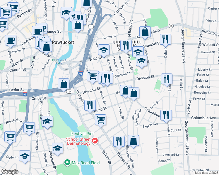 map of restaurants, bars, coffee shops, grocery stores, and more near 220 Division Street in Pawtucket