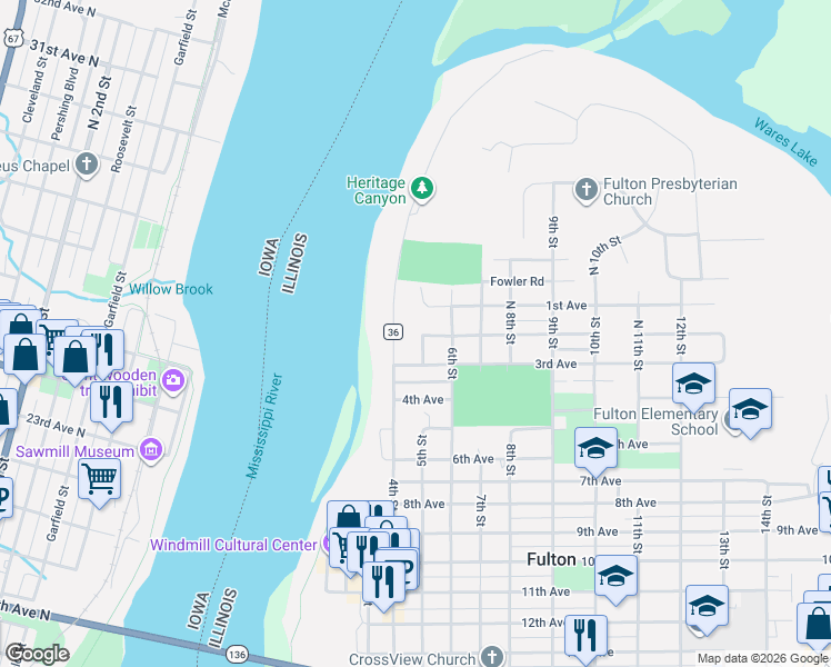 map of restaurants, bars, coffee shops, grocery stores, and more near 124 5th Street in Fulton