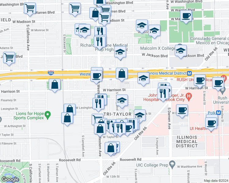 map of restaurants, bars, coffee shops, grocery stores, and more near 2305 West Harrison Street in Chicago