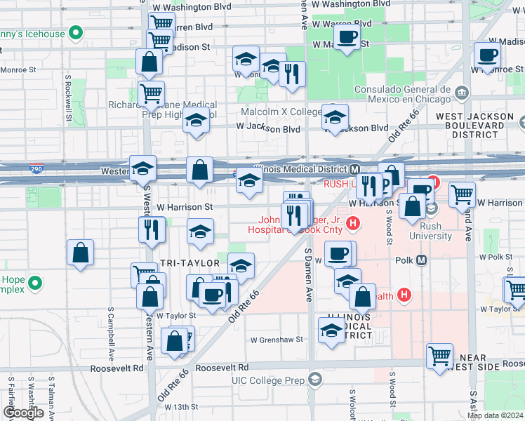map of restaurants, bars, coffee shops, grocery stores, and more near 600 South Hoyne Avenue in Chicago