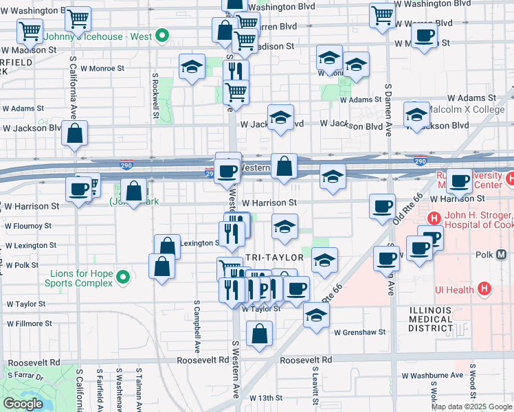 map of restaurants, bars, coffee shops, grocery stores, and more near 2323 West Harrison Street in Chicago