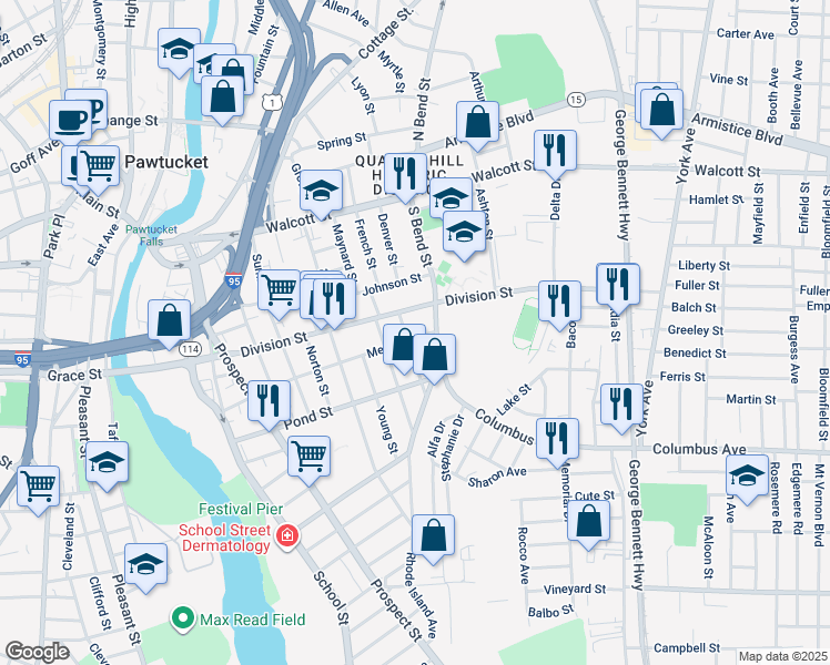 map of restaurants, bars, coffee shops, grocery stores, and more near 216 Meadow Street in Pawtucket