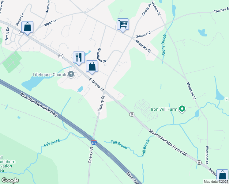 map of restaurants, bars, coffee shops, grocery stores, and more near 138 East Grove Street in Middleborough