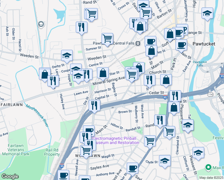 map of restaurants, bars, coffee shops, grocery stores, and more near 184 Harrison Street in Pawtucket