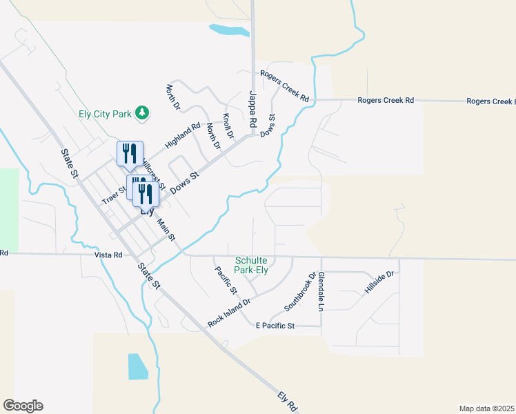 map of restaurants, bars, coffee shops, grocery stores, and more near 1605 Parkland Drive in Ely