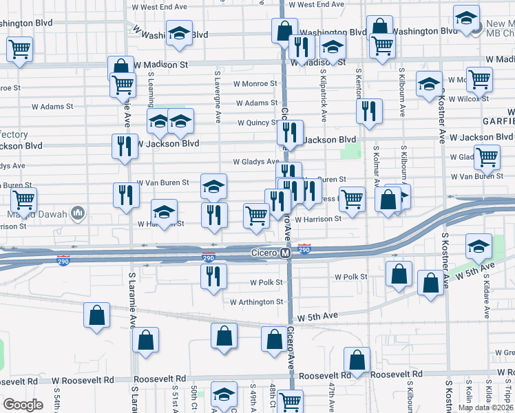 map of restaurants, bars, coffee shops, grocery stores, and more near 4851 West Congress Parkway in Chicago