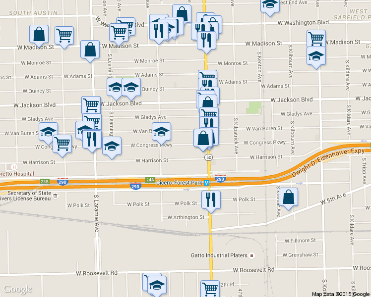 map of restaurants, bars, coffee shops, grocery stores, and more near 4851 West Congress Parkway in Chicago