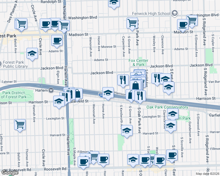 map of restaurants, bars, coffee shops, grocery stores, and more near 838 Clinton Avenue in Oak Park