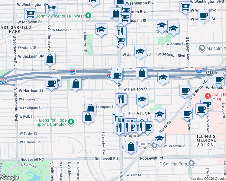 map of restaurants, bars, coffee shops, grocery stores, and more near 2414d West Harrison Street in Chicago