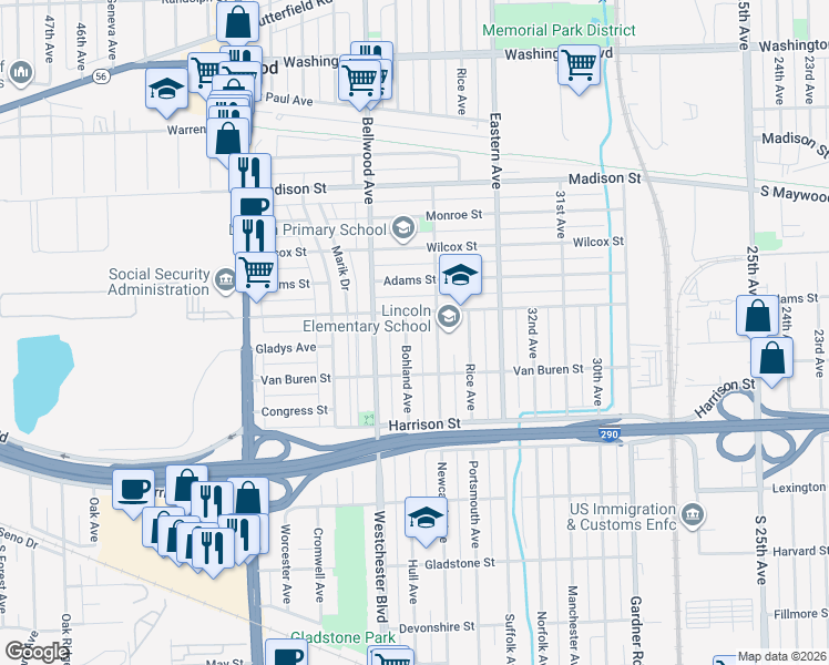 map of restaurants, bars, coffee shops, grocery stores, and more near 1006 Linden Avenue in Bellwood
