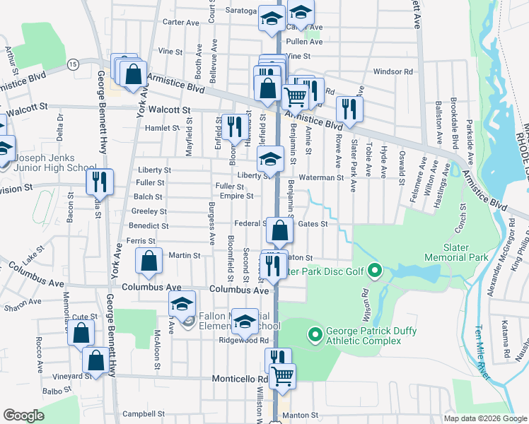 map of restaurants, bars, coffee shops, grocery stores, and more near 56 1st Street in Pawtucket