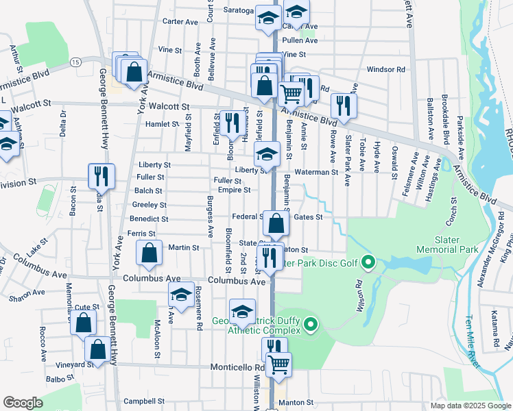 map of restaurants, bars, coffee shops, grocery stores, and more near 56 1st Street in Pawtucket