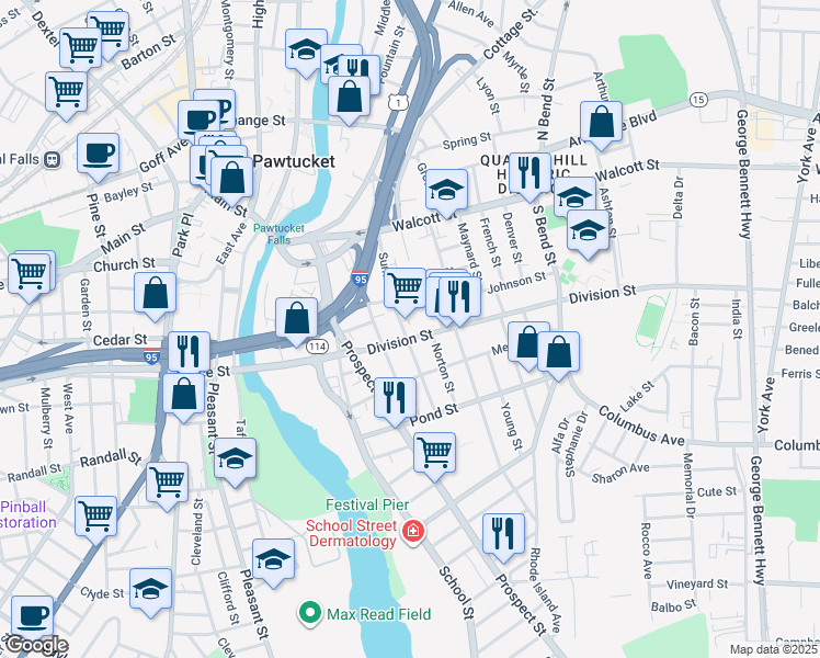 map of restaurants, bars, coffee shops, grocery stores, and more near 180 Division Street in Pawtucket