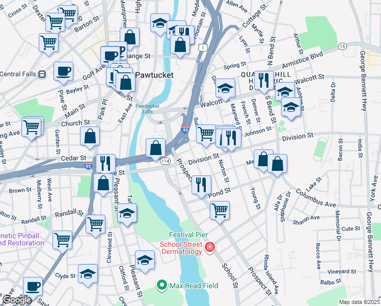 map of restaurants, bars, coffee shops, grocery stores, and more near 14 South Street in Pawtucket