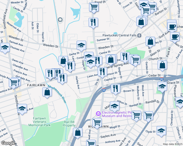map of restaurants, bars, coffee shops, grocery stores, and more near 286 Mineral Spring Avenue in Pawtucket