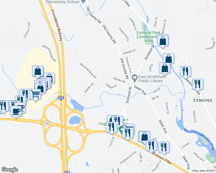 map of restaurants, bars, coffee shops, grocery stores, and more near 6 Village Drive in Smithfield