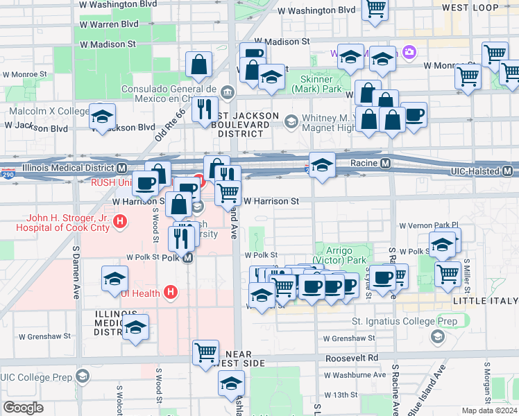 map of restaurants, bars, coffee shops, grocery stores, and more near 600 South Laflin Street in Chicago