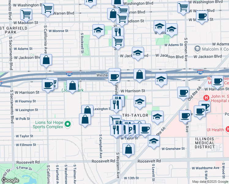 map of restaurants, bars, coffee shops, grocery stores, and more near 2414d West Harrison Street in Chicago