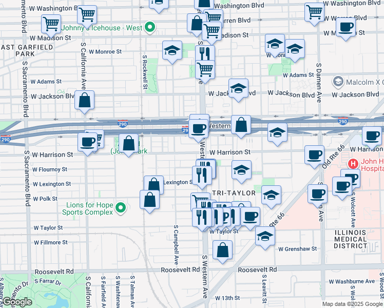 map of restaurants, bars, coffee shops, grocery stores, and more near 2414d West Harrison Street in Chicago