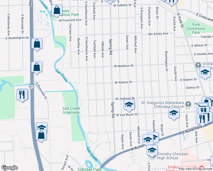 map of restaurants, bars, coffee shops, grocery stores, and more near 302 West Adams Street in Elmhurst