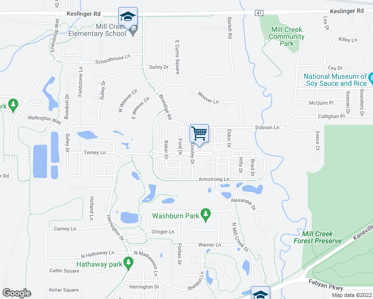 map of restaurants, bars, coffee shops, grocery stores, and more near 39W126 Herrington Boulevard in Geneva