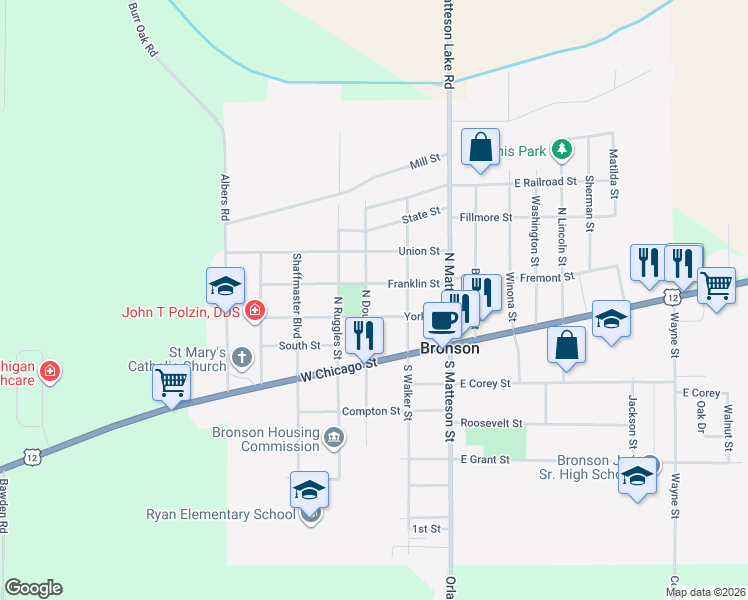 map of restaurants, bars, coffee shops, grocery stores, and more near 221 North Douglas Street in Bronson