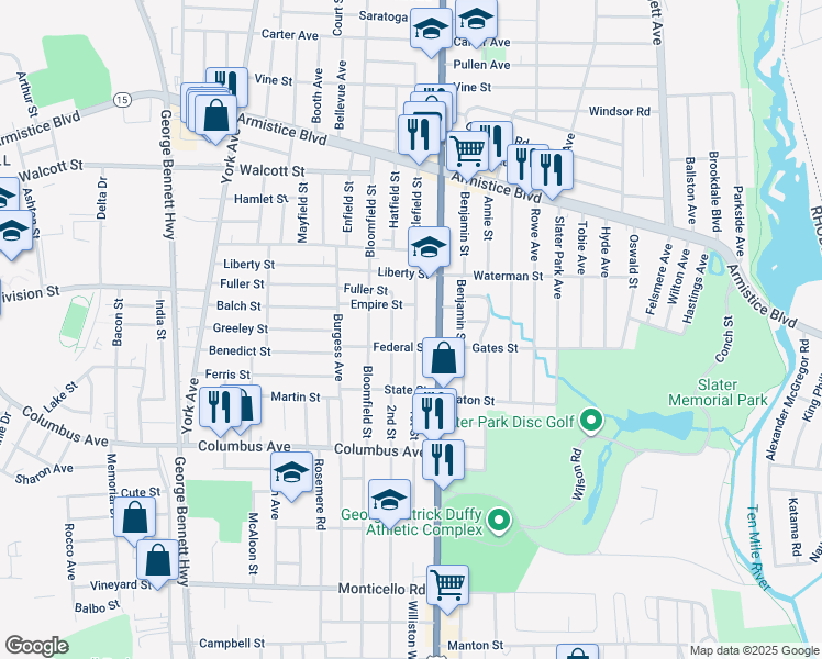 map of restaurants, bars, coffee shops, grocery stores, and more near 56 1st Street in Pawtucket