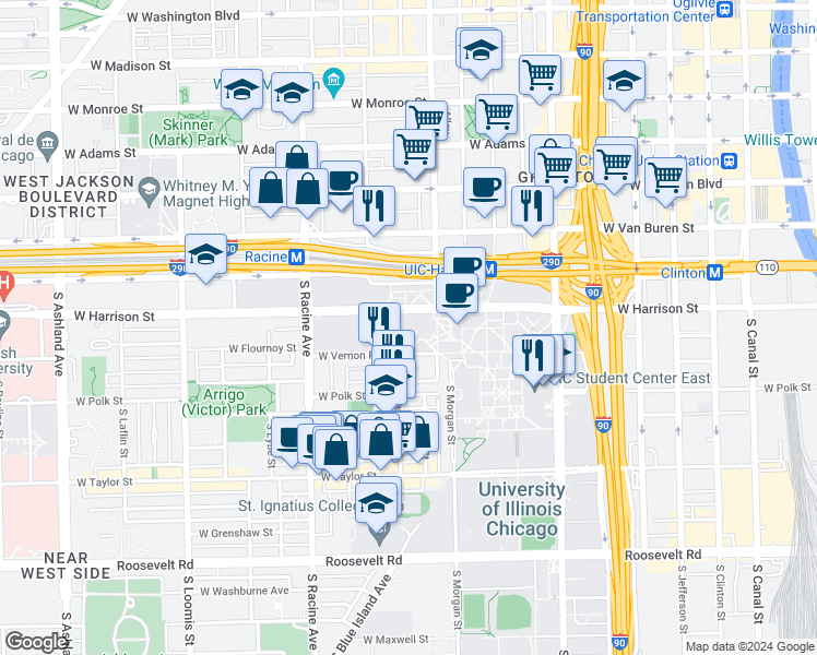 map of restaurants, bars, coffee shops, grocery stores, and more near 1007 West Harrison Street in Chicago