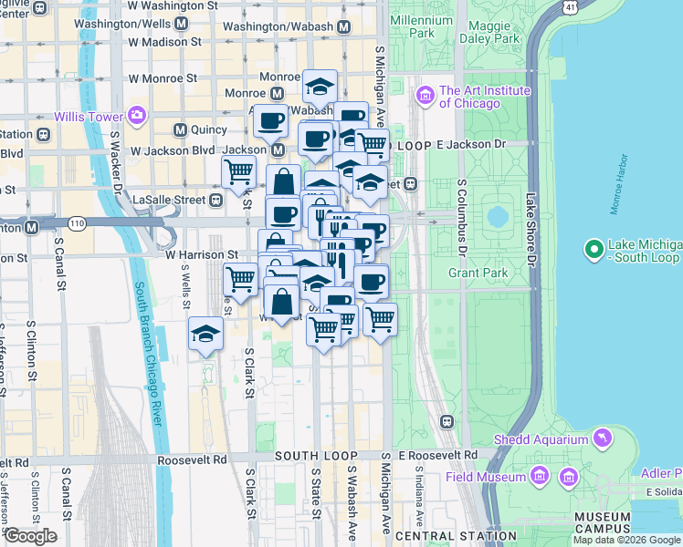 map of restaurants, bars, coffee shops, grocery stores, and more near 618 South Wabash Avenue in Chicago