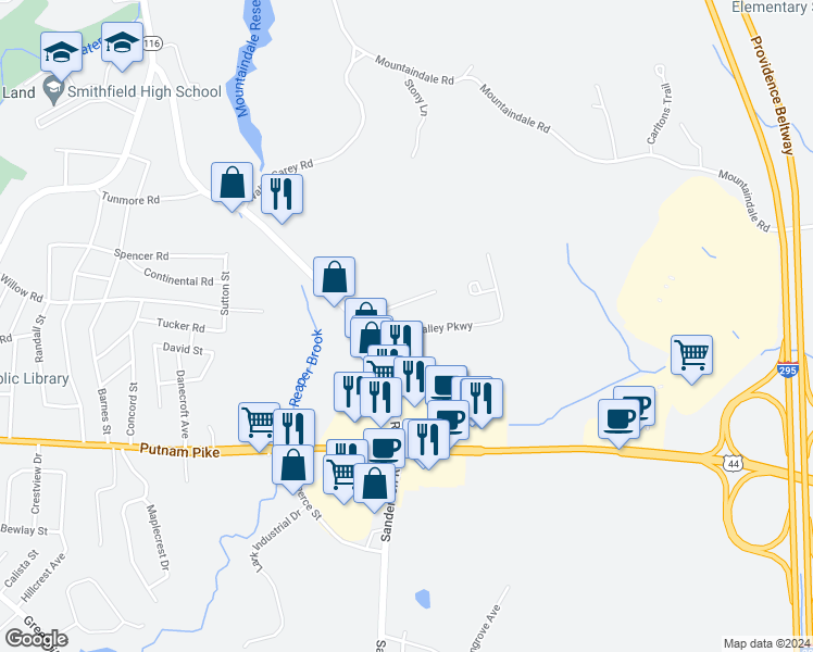 map of restaurants, bars, coffee shops, grocery stores, and more near 6 Apple Valley Pkwy in Smithfield