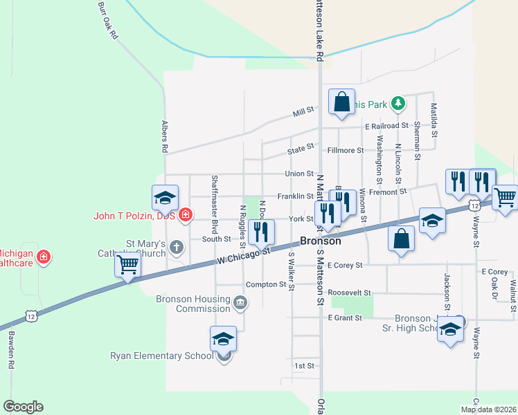 map of restaurants, bars, coffee shops, grocery stores, and more near 221 North Douglas Street in Bronson