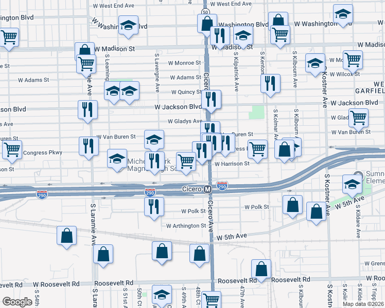map of restaurants, bars, coffee shops, grocery stores, and more near 4851 West Congress Parkway in Chicago