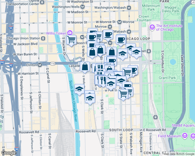 map of restaurants, bars, coffee shops, grocery stores, and more near 619 South LaSalle Street in Chicago