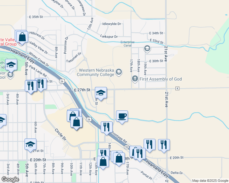 map of restaurants, bars, coffee shops, grocery stores, and more near 2617 College Park in Scottsbluff